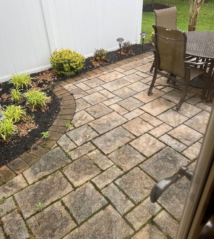 Paver patio before cleaning and landscape bed refresh
